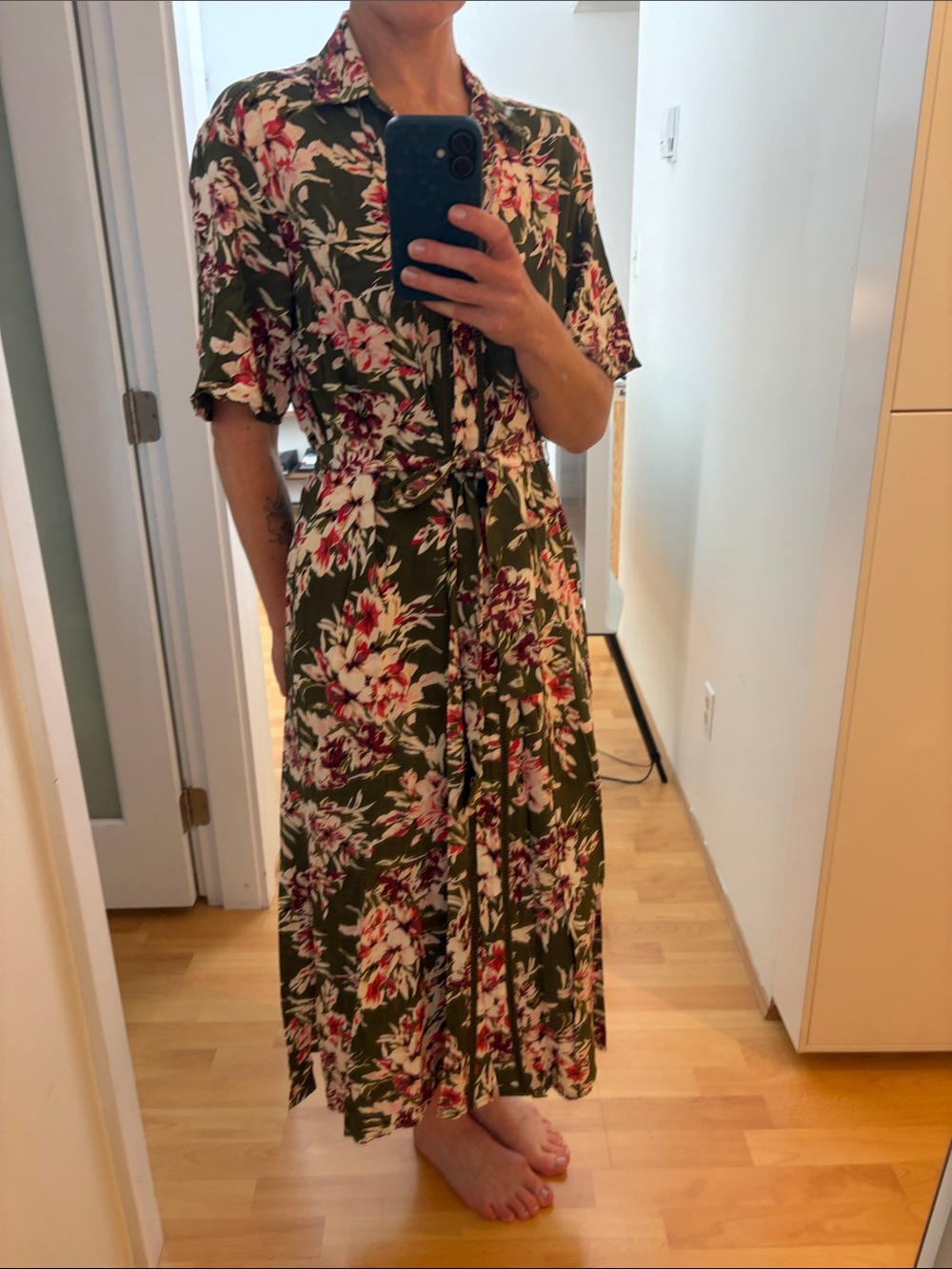 French Connection Olive Floral Midi Shirt Dress